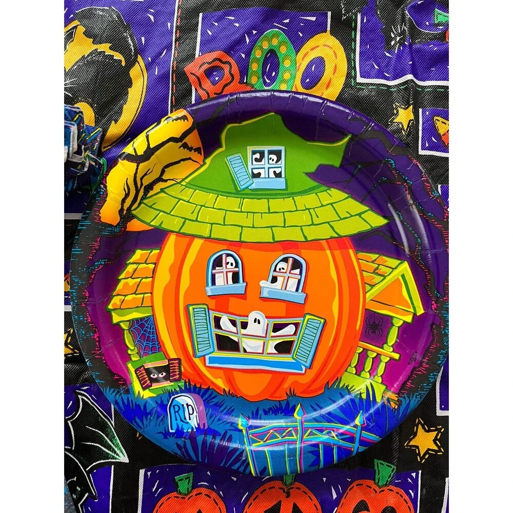 VTG Halloween Pumpkin Ghost Bat Spider Owl Tablecloth 17 Napkins 12 Plates Set